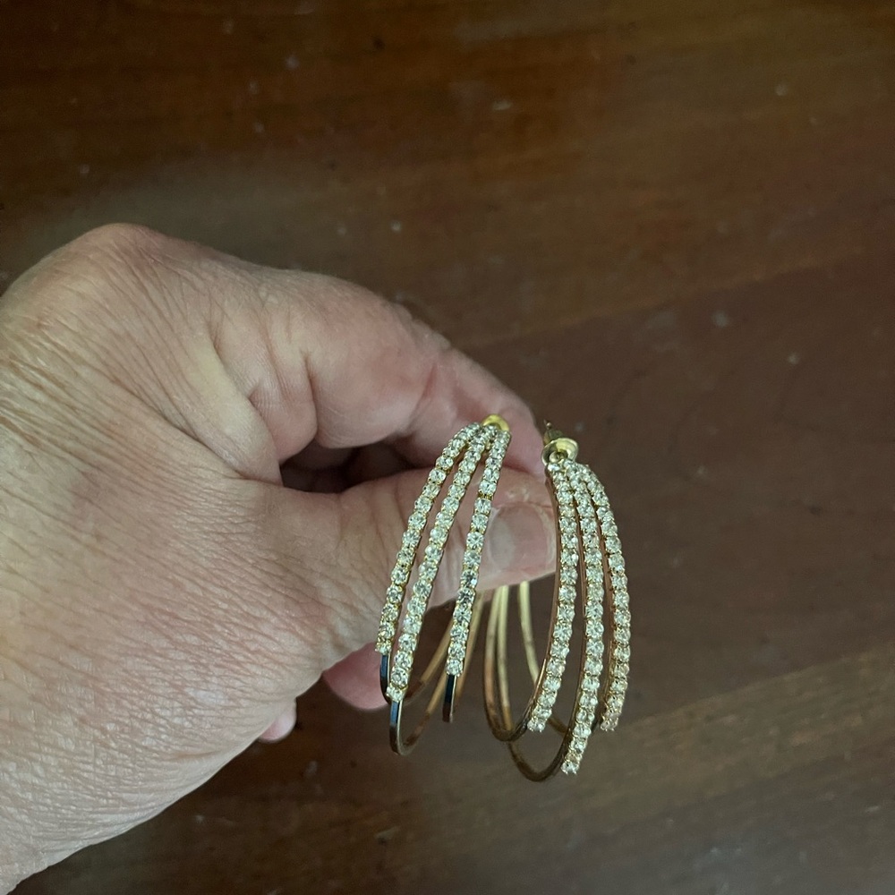 925 gold  Hoops Triple Crystal Earrings.  NWOT! - Picture 4 of 10